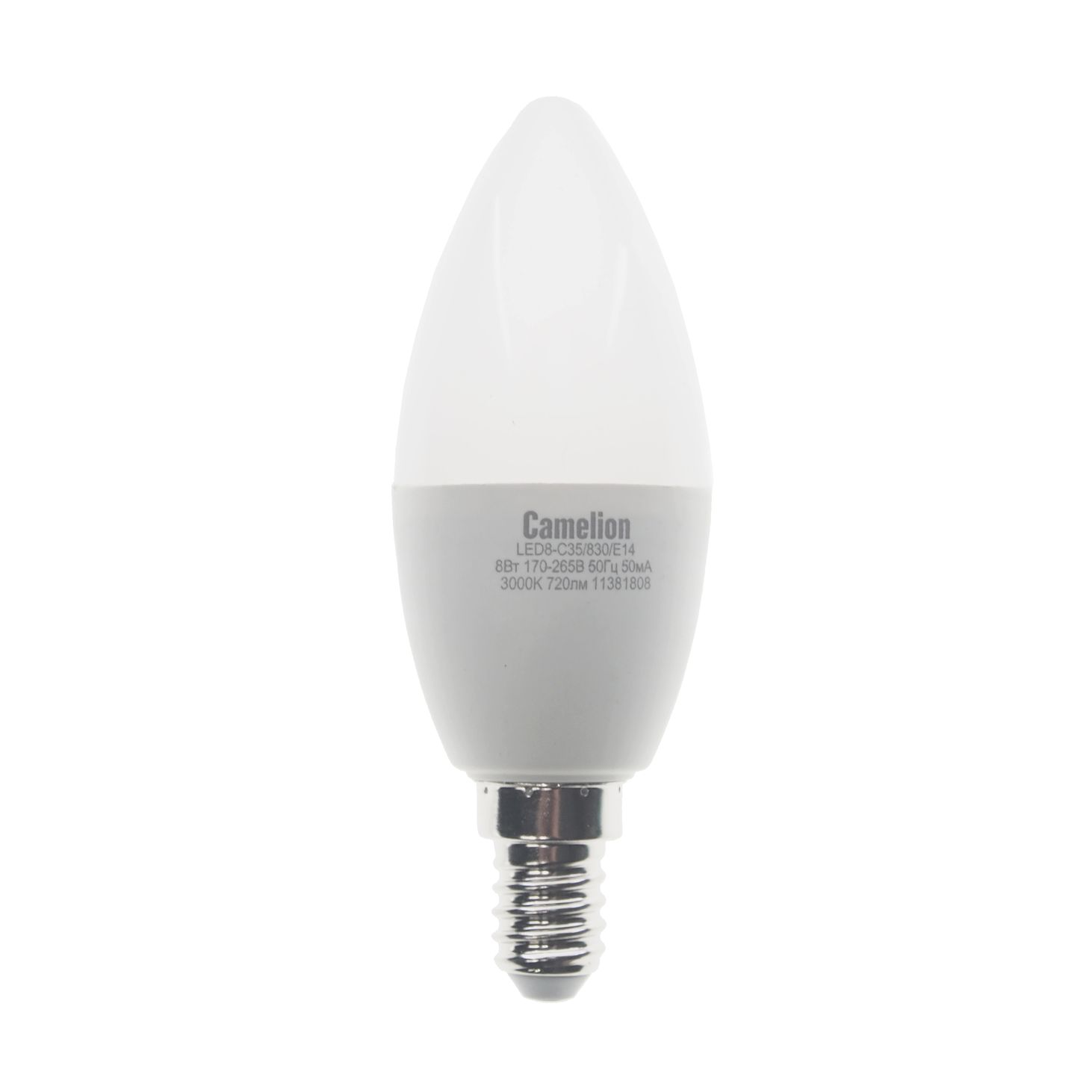 Лампа светодиодная E14 С35 8W тёплый свет CAMELION 1/10/100