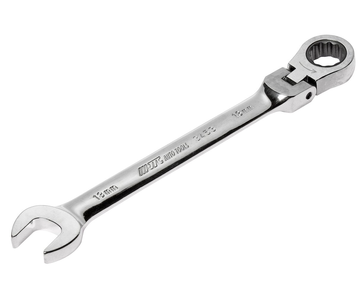 JTC-3453 - Ключ комбинированный 13х13мм трещоточный шарнирный JTC -  
Предназначен для проведения ремонтных работ автомобиля.  
Ключ сделан из прочной хром-ванадиевой стали с зеркальной полировкой.  
Ключ обладает уникальным 72-зубцовым механизмом, обе