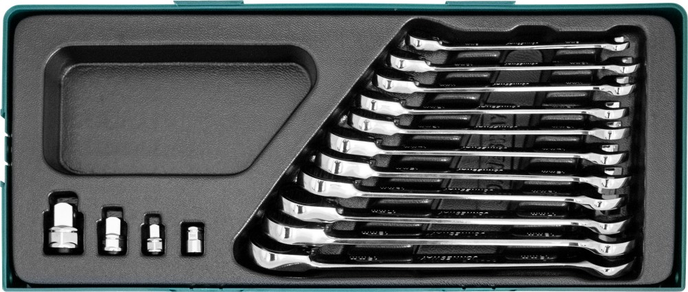 W106115SP Набор ключей гаечных комбинированных трещоточных с аксессуарами на держателе, 8-19 мм в ложементе, 15 предметов