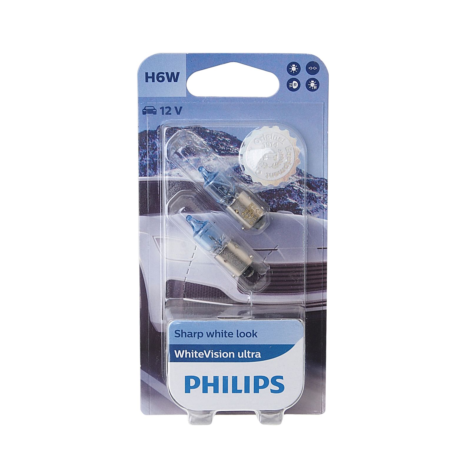 Автолампа H6W (BAX9s) WhiteVision ultra 3100K (блистер, 2шт) 12V PHILIPS /1/10