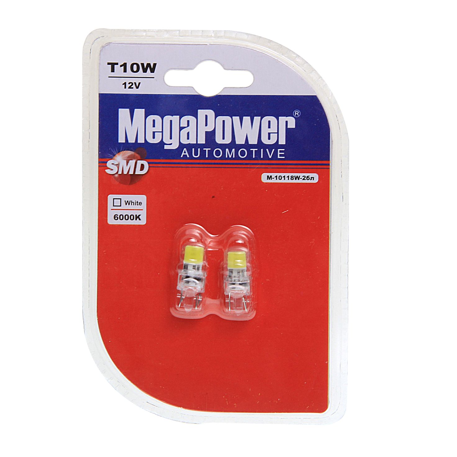Автолампа T10W (W2,1x9,5d) 2 LED COB WHITE блистер (2 шт) 6000K 180лм   12V MEGAPOWER /1/10/100