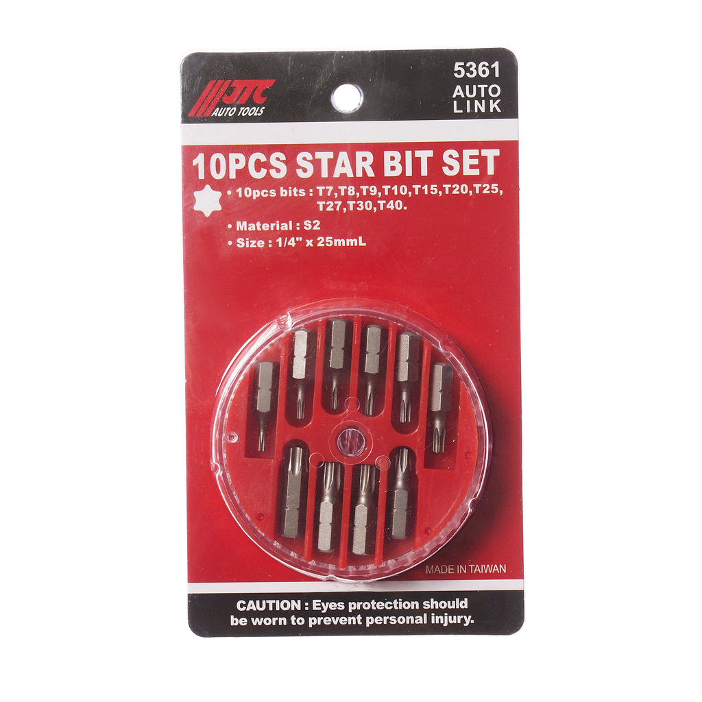 JTC-5361 - Набор бит 1/4" TORX Т7-Т40 10 предметов в боксе JTC - 
В комплекте: Т7, Т8, Т9, Т10, Т15, Т20, Т25, Т27, Т30, Т40.
Материал: S2.
Размер: 1/4"х25 мм.
