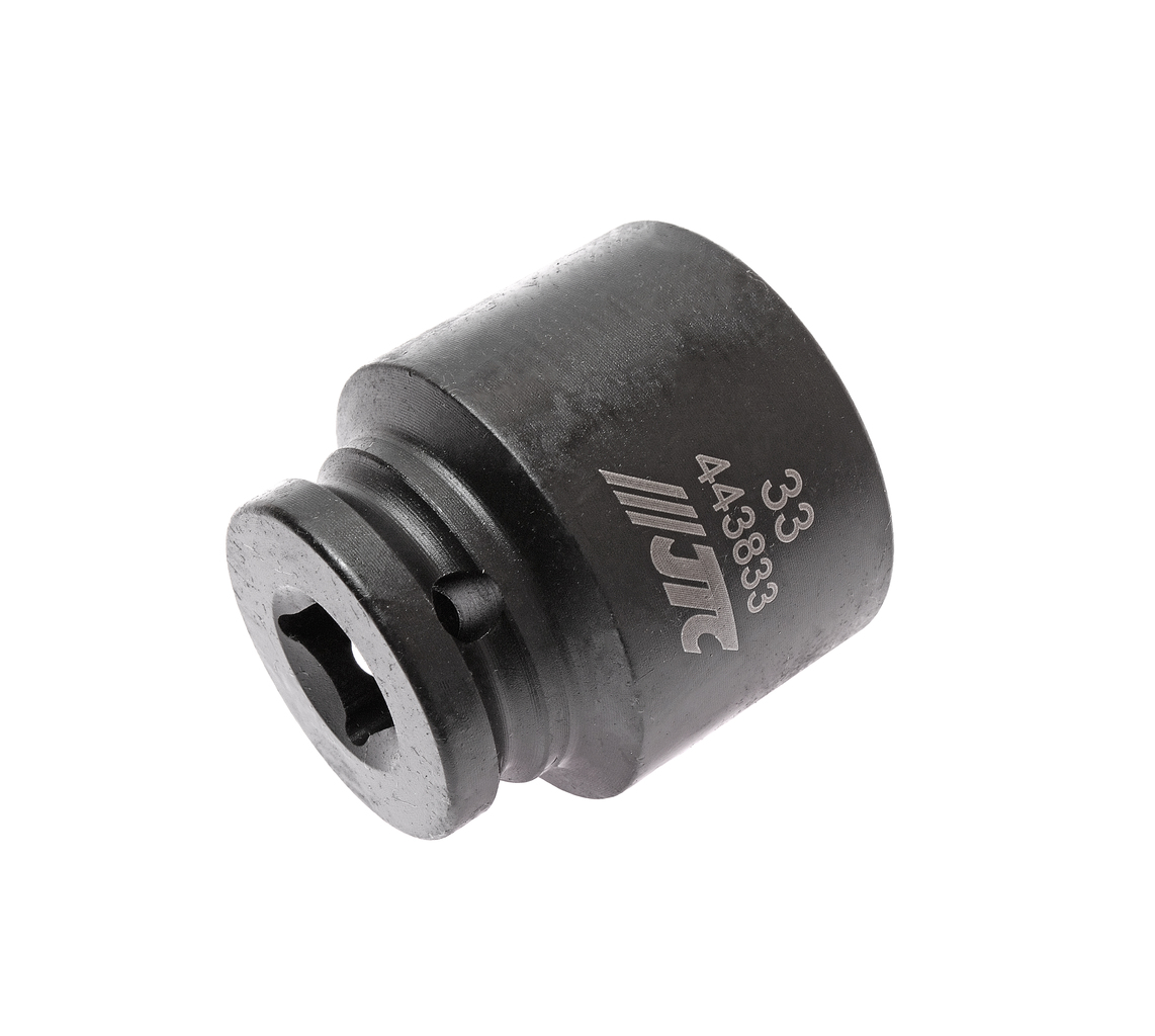 JTC-443833 - Головка торцевая 1/2" 33мм ударная L=48мм JTC - 
  6 граней, метрический размер. 
  Изготовлена из высококачественной хром-молибденовой стали. 
  Размер: 1/2"х33 мм.
  Общая длина: 48 мм. 
  Количество в оптовой упаковке: 5 шт. и 50