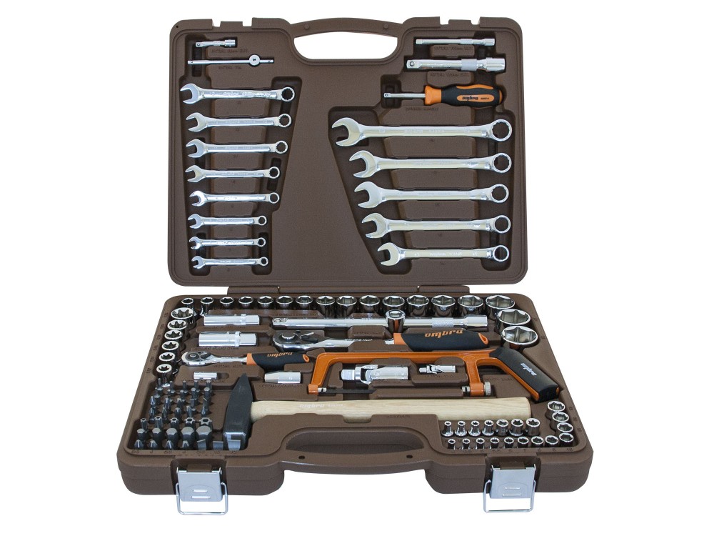 Универсальный набор инструмента торцевые головки 1/4"DR и 1/2"DR, аксессуары к ним и комбинированные ключи, 109 предметов.