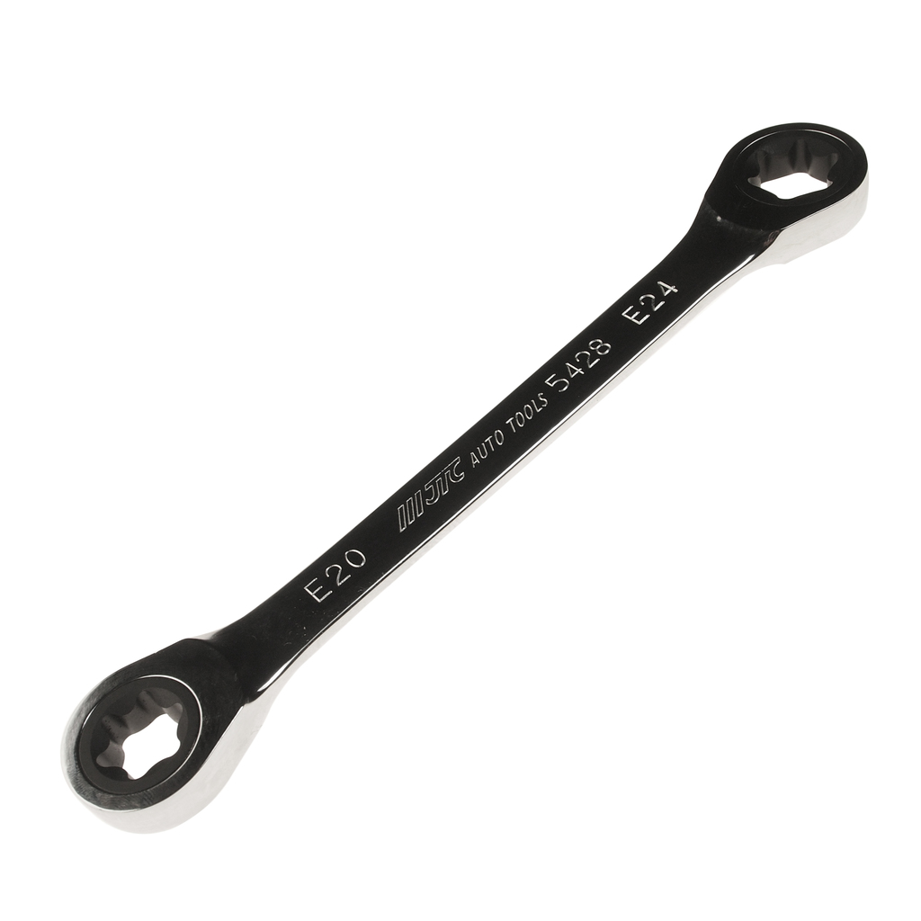 JTC-5428 - Ключ накидной TORX E20хE24 трещоточный JTC - 
72 зуба.
Инструмент изготовлен из хромованадиевой стали, обладает повышенной прочностью. Зеркальная полировка.
Размер: Е20 х Е24.
Длина: 230 мм.
