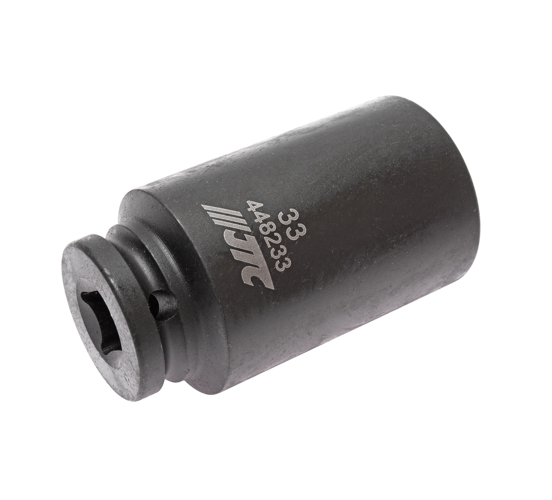 JTC-448233 - Головка торцевая 1/2" 33мм ударная глубокая L=82мм JTC - 
  6 граней, метрический размер. 
  Изготовлена из высококачественной хром-молибденовой стали. 
  Размер: 1/2"х33 мм.
  Общая длина: 82 мм. 
  Количество в оптовой упаковке: 5