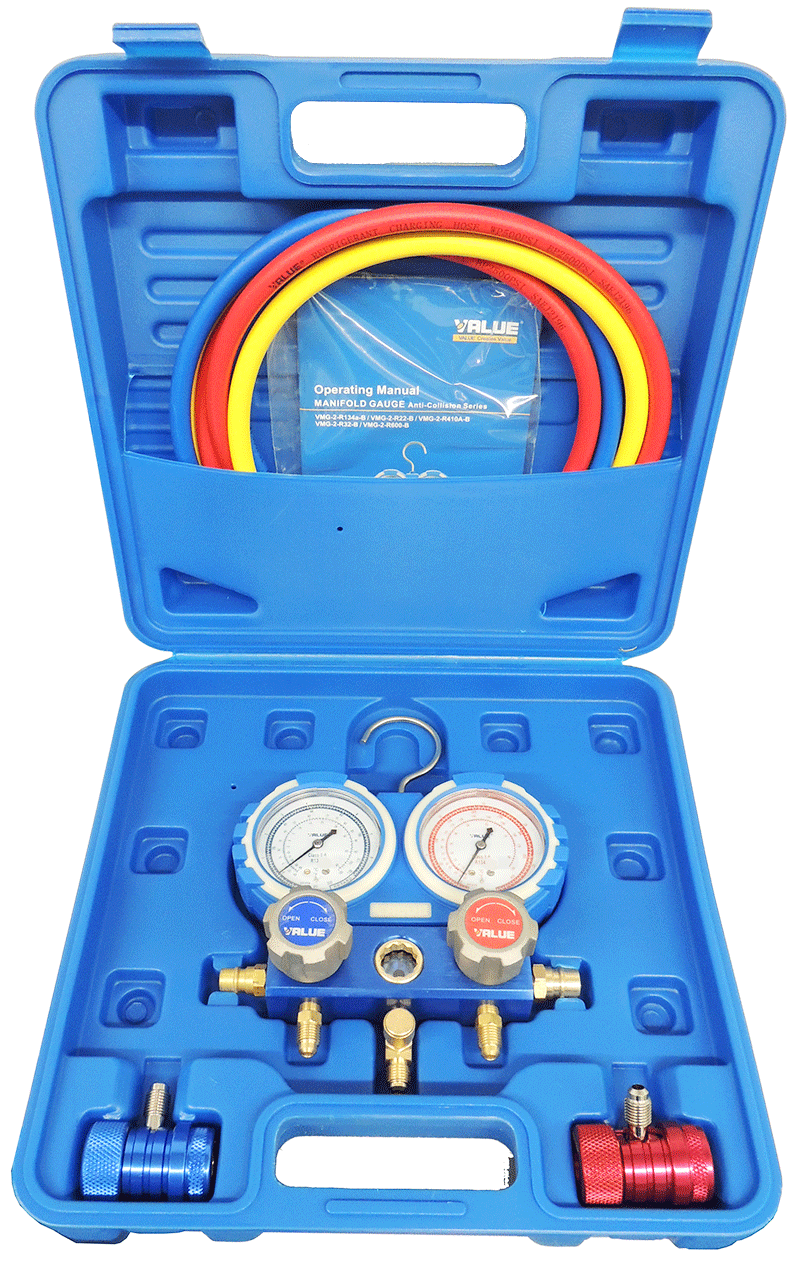 Манометрический коллектор VMG-2 R134A-B в пластиковом кейсе, в комплекте коллектор, 3 заправочных шланга длиной 120 см, комплект быстросъемных муфт