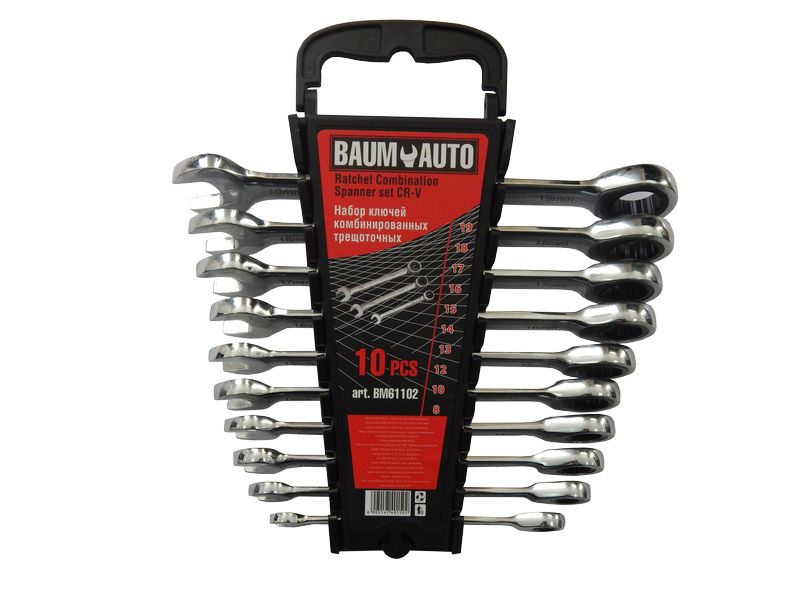 Набор ключей комбинированных трещоточных 10пр. (8,10,12-19мм) в пласт. держателе BaumAuto BM61102